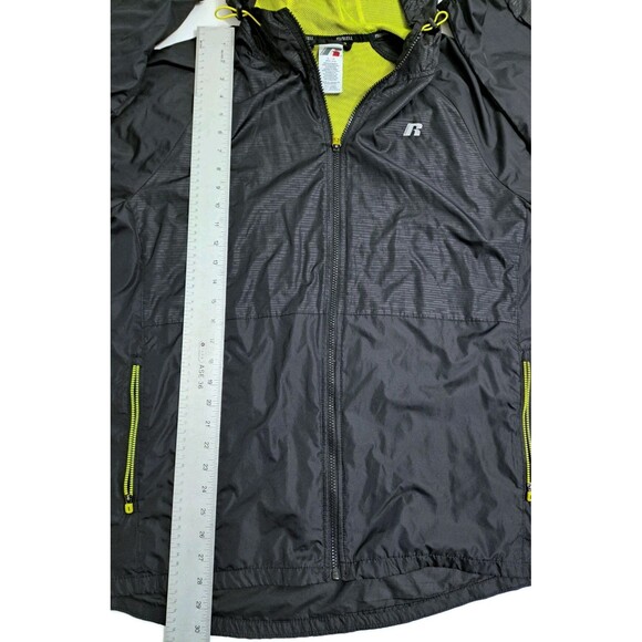 Russell Athletic Men's Large Zip Rain Jacket Run Windbreaker Black Green Hood - Picture 10 of 11